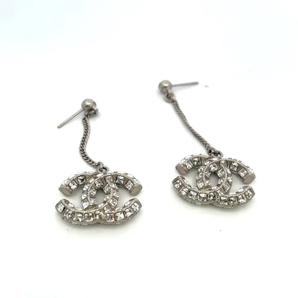 CHANEL Baguette Crystal CC Drop Earrings Silver